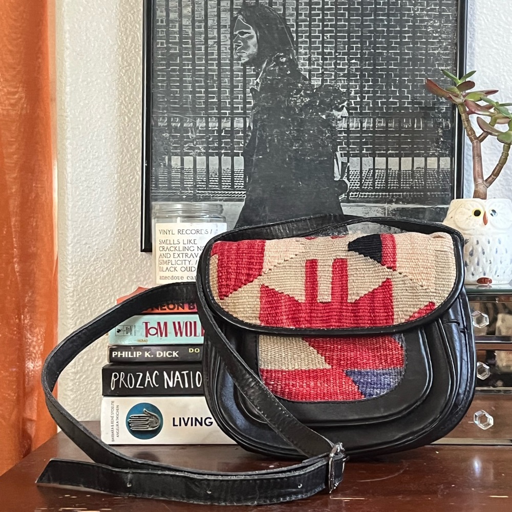 70’s Woven fabric and leather crossbody bag; vintage purse w adjustable straps